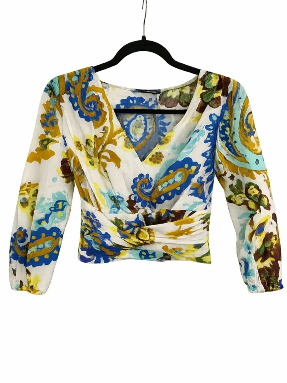 Zara Paisley Wrap Crop Top XS Boho Cotton Long Sleeve Blouse NWOT - Picture 2 of 6